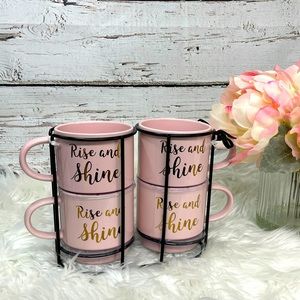 Nicole Miller New York set of 4 pink mugs w/holder